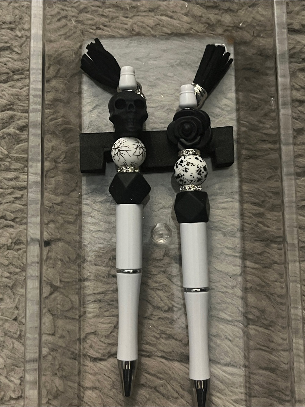 Decorative Black & White Beaded Ballpoint Pens with Tassel Charms - Set of 2 48